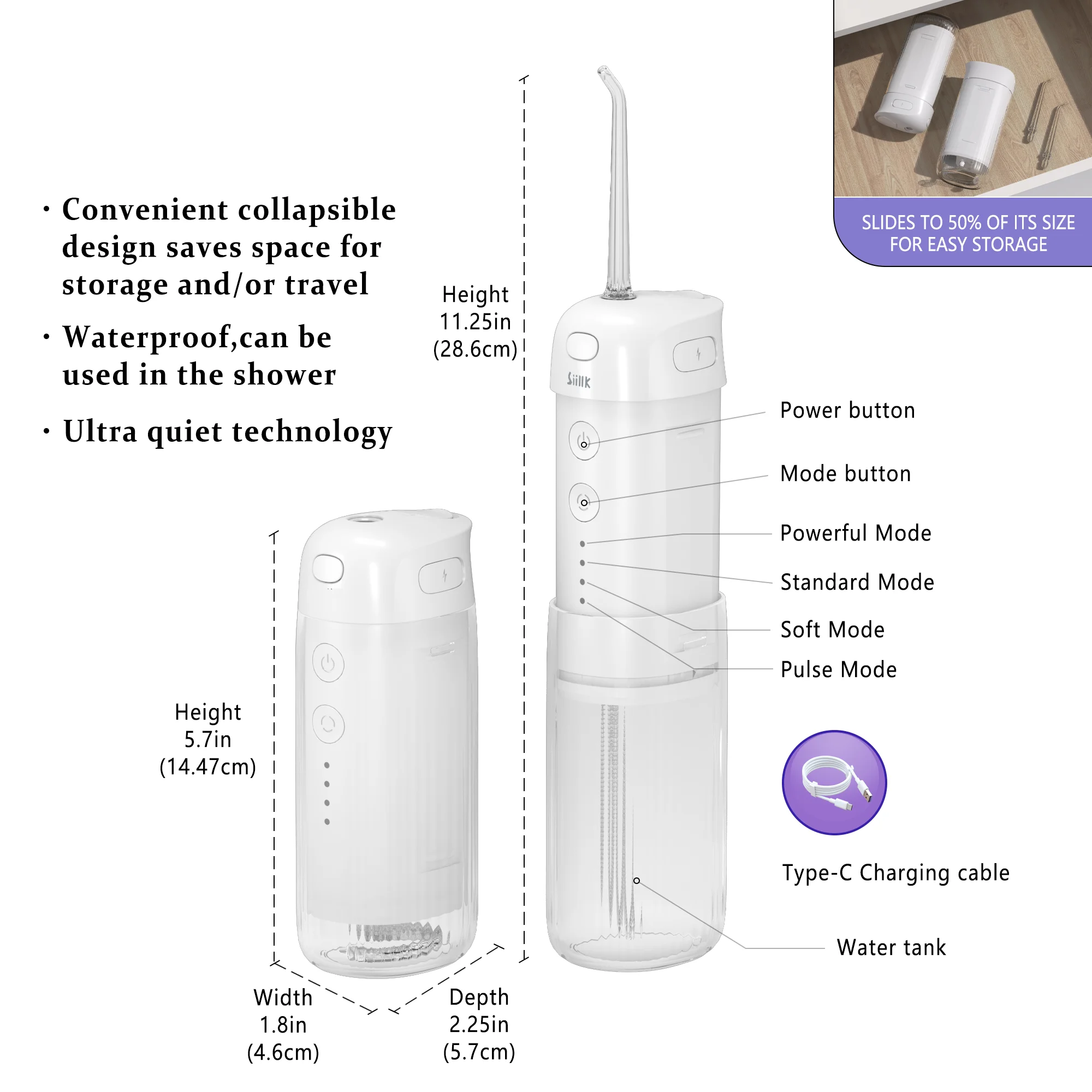 Ирригатор для полости рта с зарядкой от USB 5 наконечников 4 режима IPX7 1600 об/мин