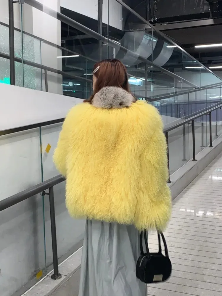 Женское шерстяное короткое пальто роскошное пляжное из монгольской овечьей