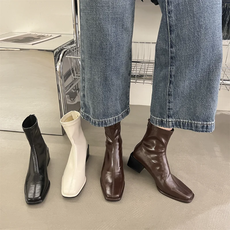 

Square Toe Women Ankle Boots Flock Stretch Shoes Thin Mid Heels Black/Brown/Beige Back Zipper Dress Sock Boots Woman Size 35-40