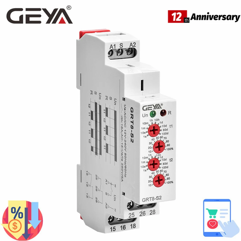 GRT8-S Asymmetric Cycle Timer Relay SPDT 220V 16A  AC/DC12V-240V Electronic Repeat Relay GEYA