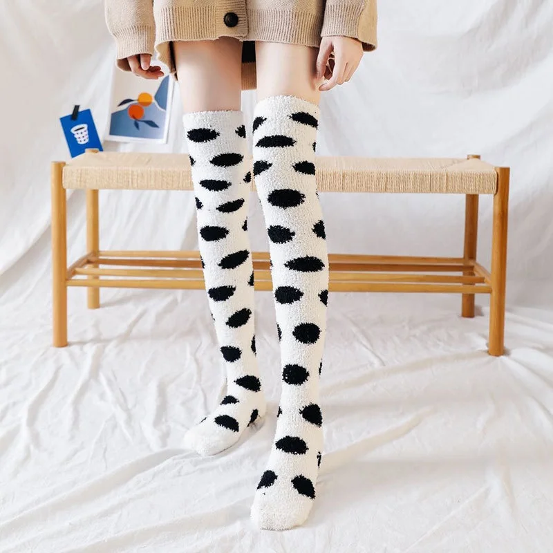 

Cute Dot Coral Fleece Winter Long Warm Sleeping Indoor Floor Fuzzy Over Knee Socks Women