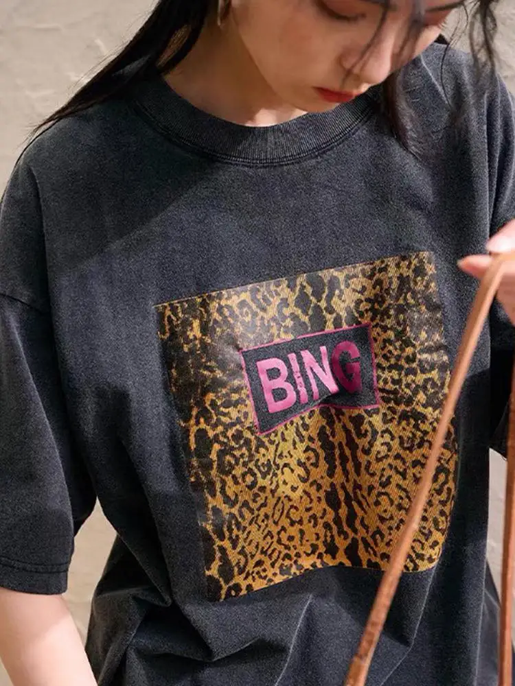 2022 Summer New Leopard Print Loose Long Short Sleeve Women T-Shirt