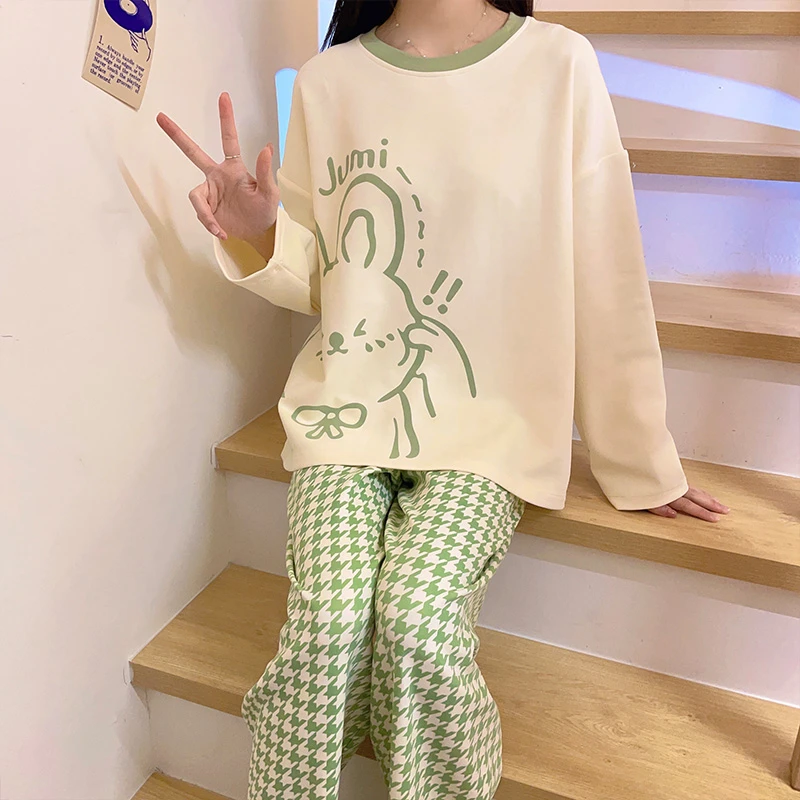 

Autumn Winter 2023 Women's Pajamas 2Pcs Long-sleeved Trousers Cotton Homewear Pullover Sleepwear Cute Rabbit Print Ladies Pajama