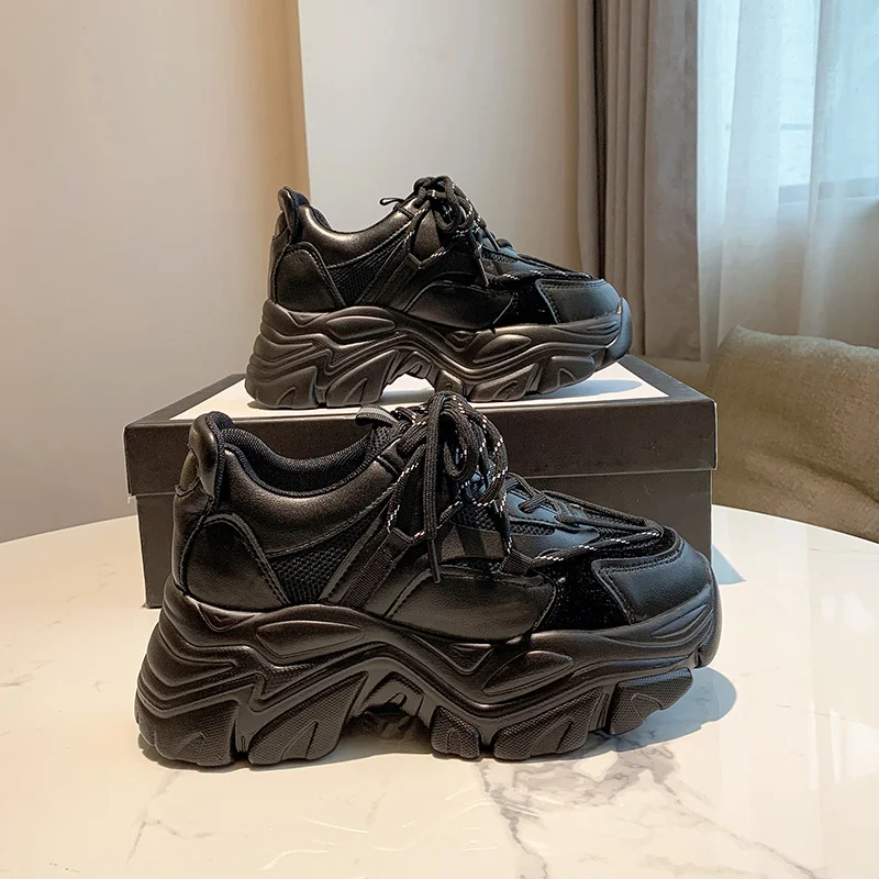 

Leather Warm Sneakers Fur Shoes Woman Casual Shoes 2023 New Female Chunky High Heel Sneakers For Woman Black Shoes