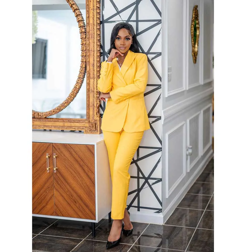 Модные шикарные желтые женские костюмы с лацканами 2-компонентная куртка брюки