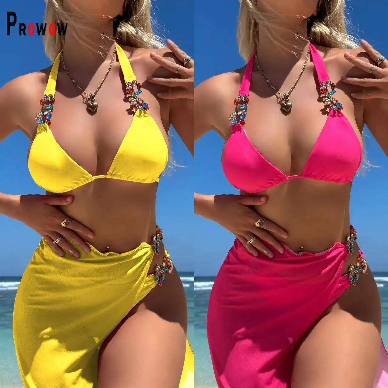 

Prowow Sexy Women Summer Vacation Beach Outfits Separated Bikinis Set Mesh Cover-ups Skirts Three Piece Bathing Swimsuits