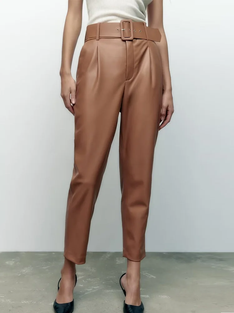 

You Define Fashion Autumn Winter Women Artificial Leather Belt Pants High Waist Solid Color Waterproof Tight Spandex Flare Pants