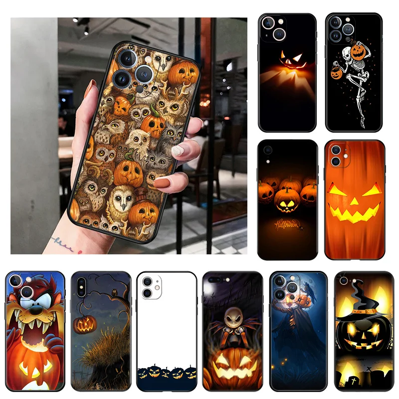 

Silicone Black Phone Cases Cover for iPhone 11 14 Pro Max 12 13 Mini XR SE 7 8 6 6s Plus XS X SE3 11Pro Halloween Cute Pumpkin