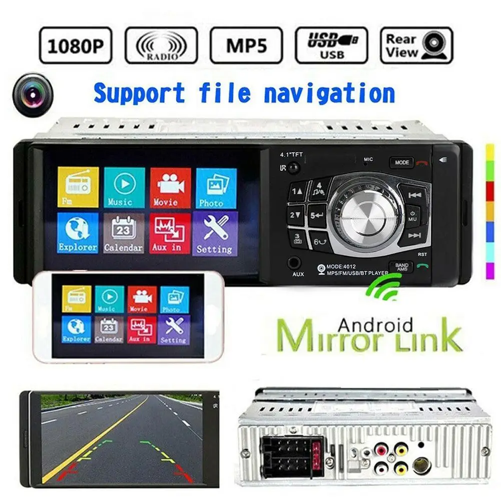 

Автомагнитола 1 Din 4,1 дюймов MP5 плеер 1080P HD Громкая связь 7 цветов подсветка Bluetooth обратное изображение поддержка файловой навигации