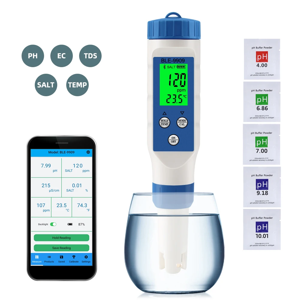 Bluetooth-compatible PH Meter 5 In 1 TDS/EC/PH/Salinity/Temp Meter Water Quality Monitor Tester For Pools Hydroponics