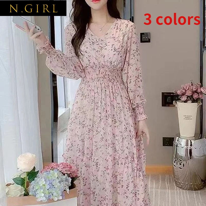 

Long Sleeve Dress Women V-neck Floral Chiffon 3 Colors Holiday Romantic Girls Sweet All-match Soft A-line Tender Clothing Chic