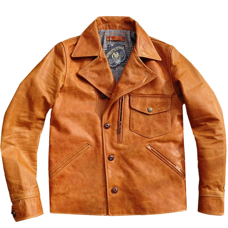 

Куртка мужская из натуральной кожи, Классическая Байкерская одежда из конской шкуры, цвет янтарный, винтажная одежда для мотоциклистов, Осень-зима