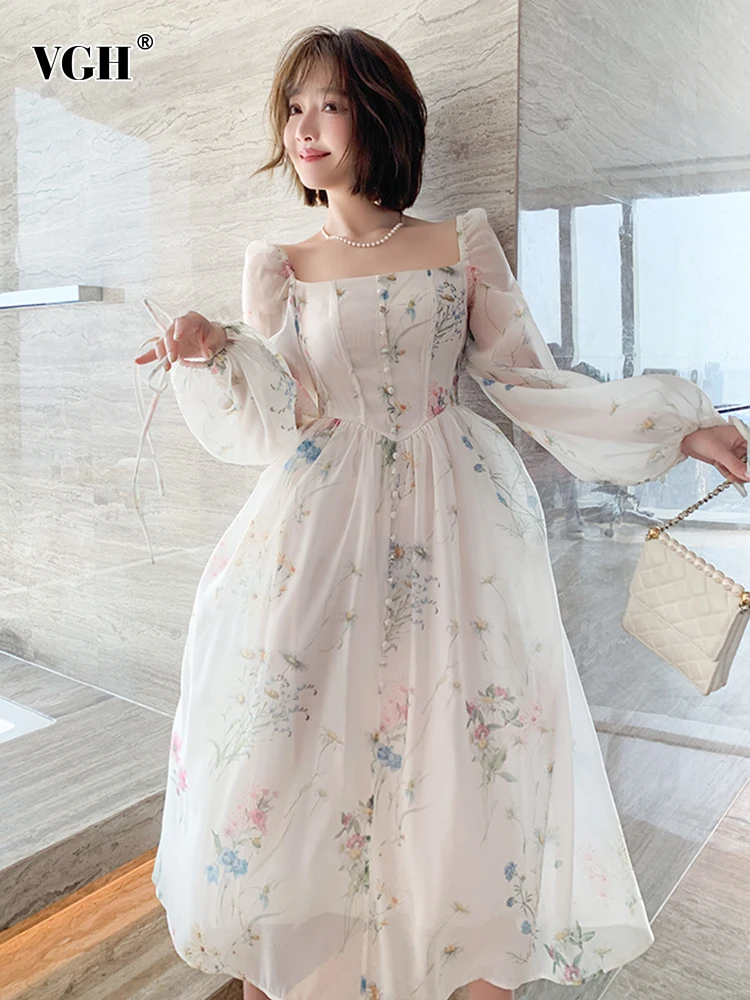 

Женское длинное платье с принтом VGH, летнее платье с квадратным вырезом, пышными рукавами, высокой талией и рюшами, 2023