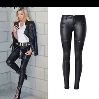womens faux leather denim skinny pants stitching multi zipper motorcycle black trousers female outwear 2022