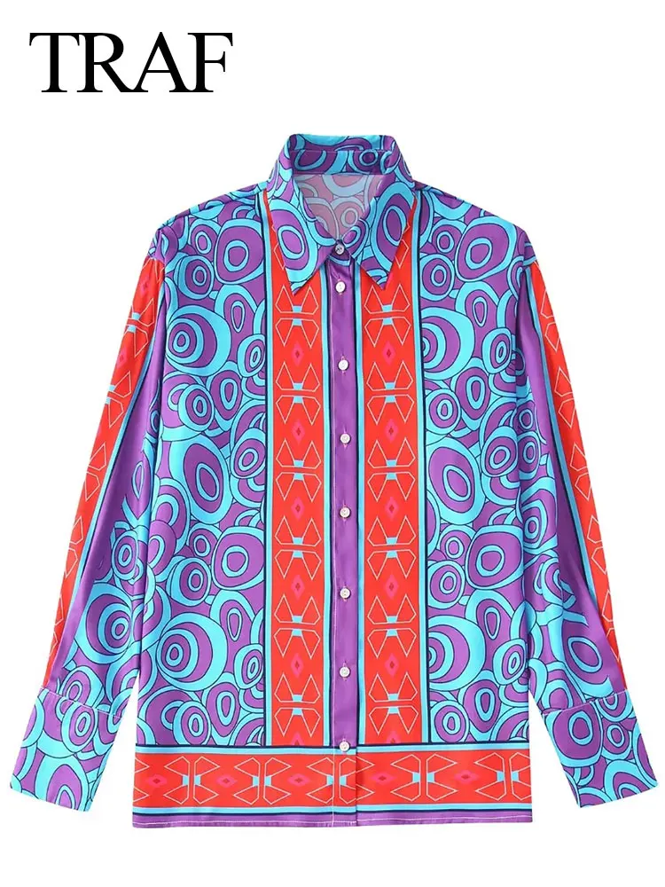 

Летние новые свободные и удобные женские рубашки с принтом TRAF 2022, Повседневные Удобные приятные для кожи рубашки с длинным рукавом