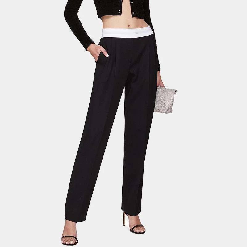 

Quality AW Wang 23 Early Spring High Slim Straight Trousers Stitching Belt Elastic Waist Women Casual Pants