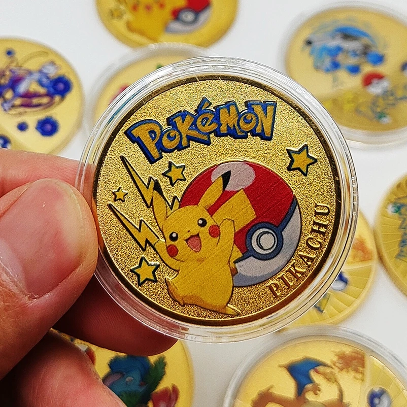 

Gold Pokemon Coins Pikachu Commemorative Coins Metal Pokemon Letters Gold Metal Round Cards Silver Mewtwo Coin Anime Toys