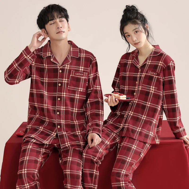 Новейший весенне-осенний пижамный комплект для пары с длинным рукавом из хлопка