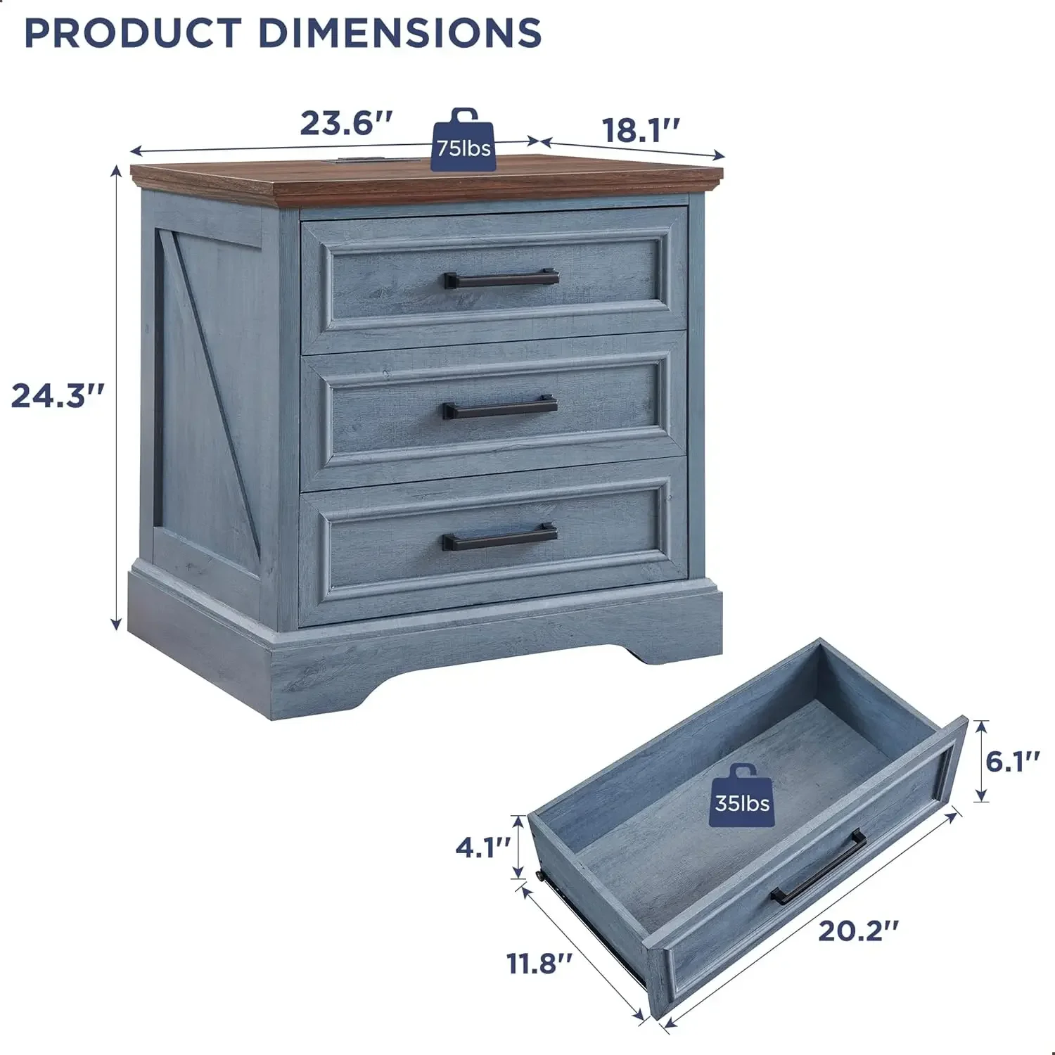 Прикроватная тумбочка для фермерского дома с зарядной станцией 24-дюймовый