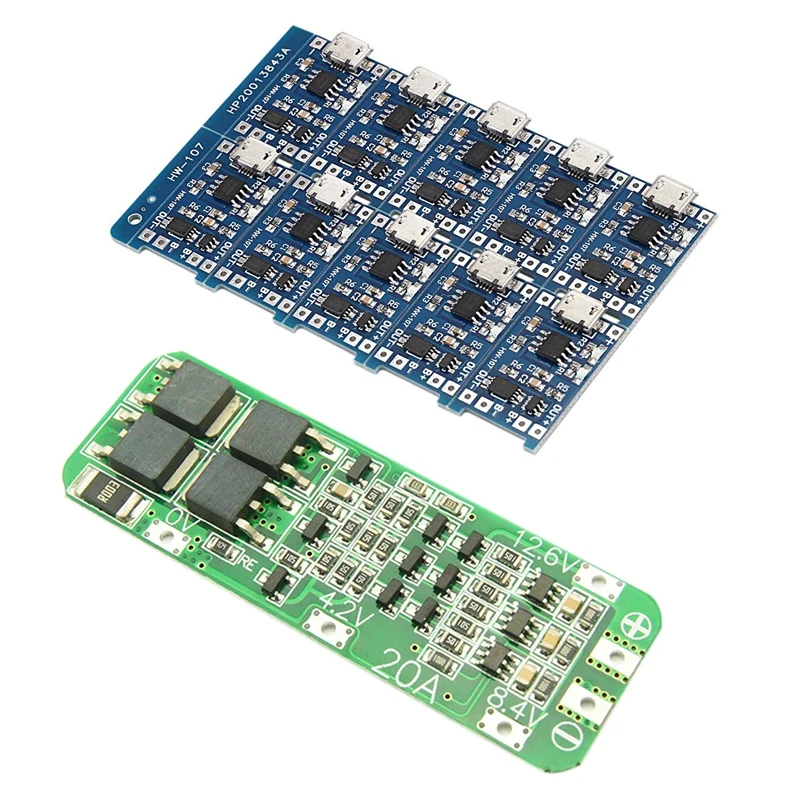 

11 шт. модулей: 1 шт., 20 А, литий-ионная батарея 18650, зарядное устройство, печатная плата Плата защиты BMS 12,6 в и 10 шт., 5 В, Mini USB 1A 18650 TP40