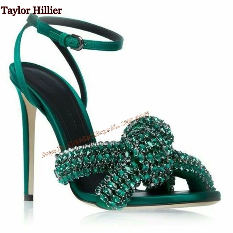 Сандалии женские зеленые со стразами Атласные босоножки с узлом и ремешком на