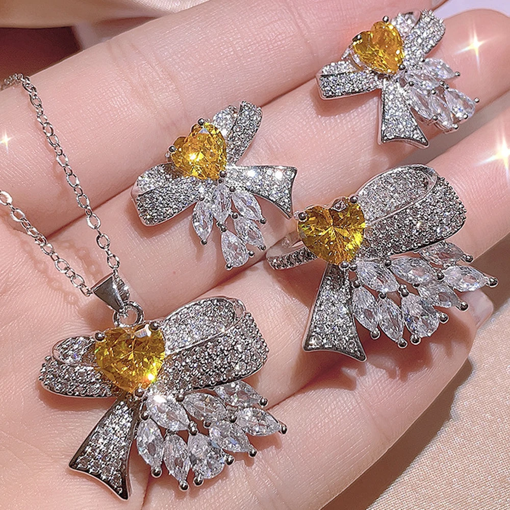 

Luxury Women Jewelry Three Piece Jewelry Micro Inlaid Yellow Hearts Zircon Necklaces Butterfly Earrings Charm Adjuistable Rings