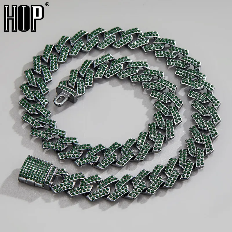 

15MM Rhombus Prong Cuban Link Chain Emerald 2Row Iced Out Rhinestones Rapper Necklaces Bracelet For Men Women Choker Jewelry
