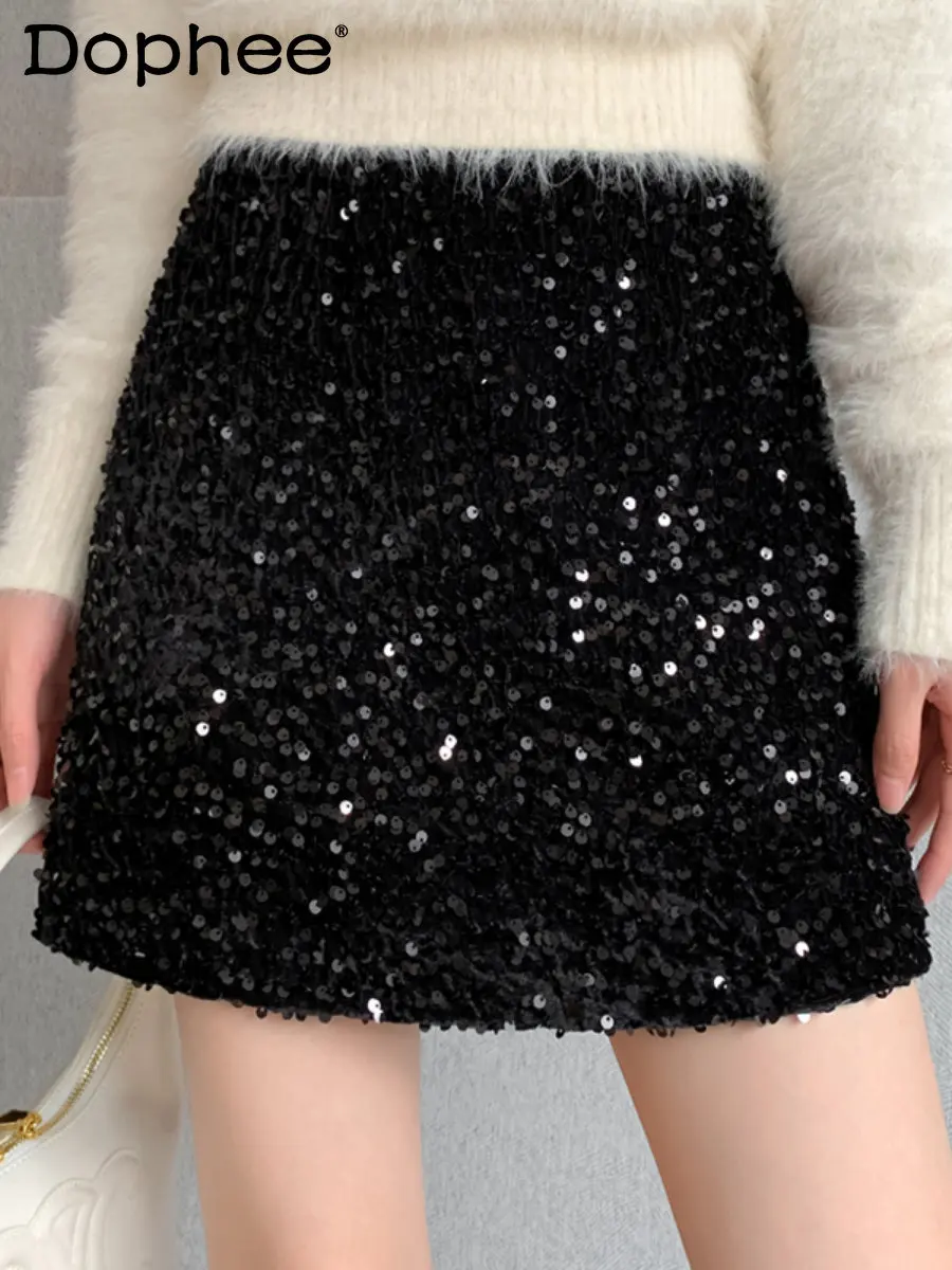 

High-End Bling Sequined Skirt for Women's Autumn and Winter 2022 New High Waist Slimming A- Line Sheath Black Velvet Mini Skirt