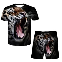 2022 summer tiger series tracksuit set 3d digital printing oversized t shirt 2piece mens trendy casual shorts camping wild suit