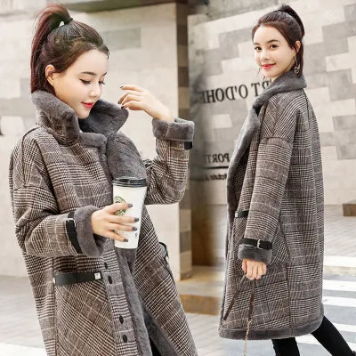 Women Winter Vintage Fashion Wool Plus Velvet Thickening Plaid Coat Female Formal Slim Long Sleeve Long Parkas Lasies Overcoat