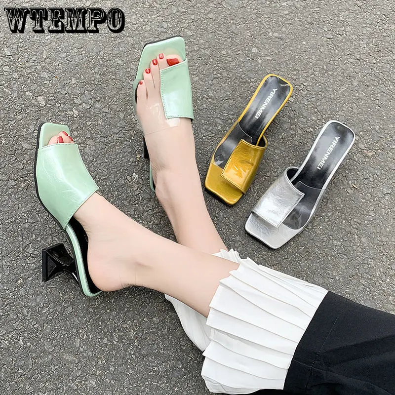 WTEMPO Women High Heels Shoes Patchwork Transparent Sandals Femmes Clear Square Open Toe Slides Wholesale Dropshipping