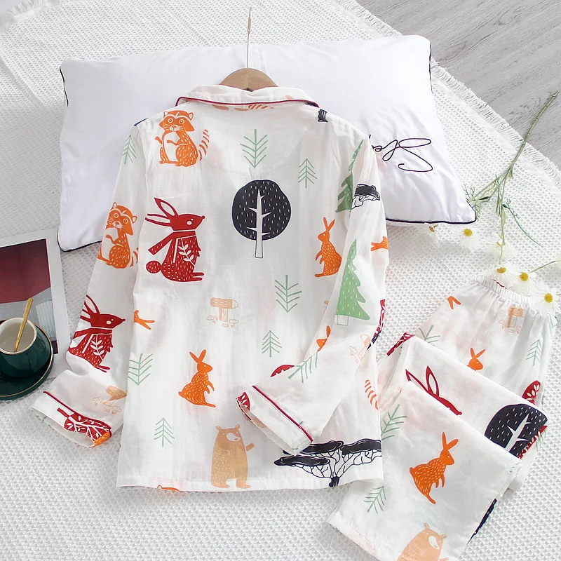 New Cotton Double Gauze Long-sleeved Trousers Pajamas Set Cartoon Squirrel Home Service Pajamas for Women Sleepwear