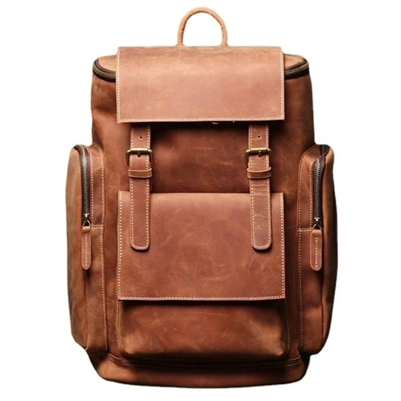 Retro Men's Genuine Leather Backpack Large Capacity Laptop Bag School Backpack Male Shoulder Bags Brown Leather Travel Knapsack