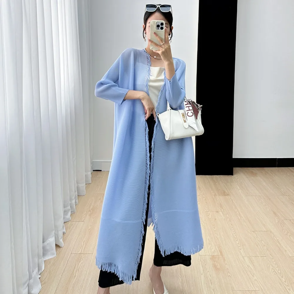 

Женский плиссированный кардиган миаке, модная простая однотонная Длинная ветровка с бахромой, осень 2023