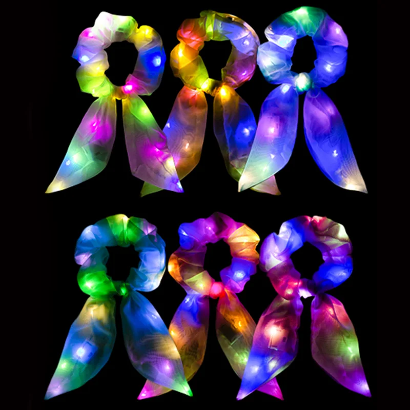 

6PCS Light Up Hair Bows Scrunchies LED Luminous Rabbit Bunny Ear Scrunchie Ponytail Holders Glow In The Dark Neon Party Supplies