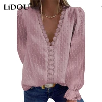spring autumn solid v neck lace embroidery pompon pullover chiffon shirt top women long sleeve loose casual blouse femme blusa