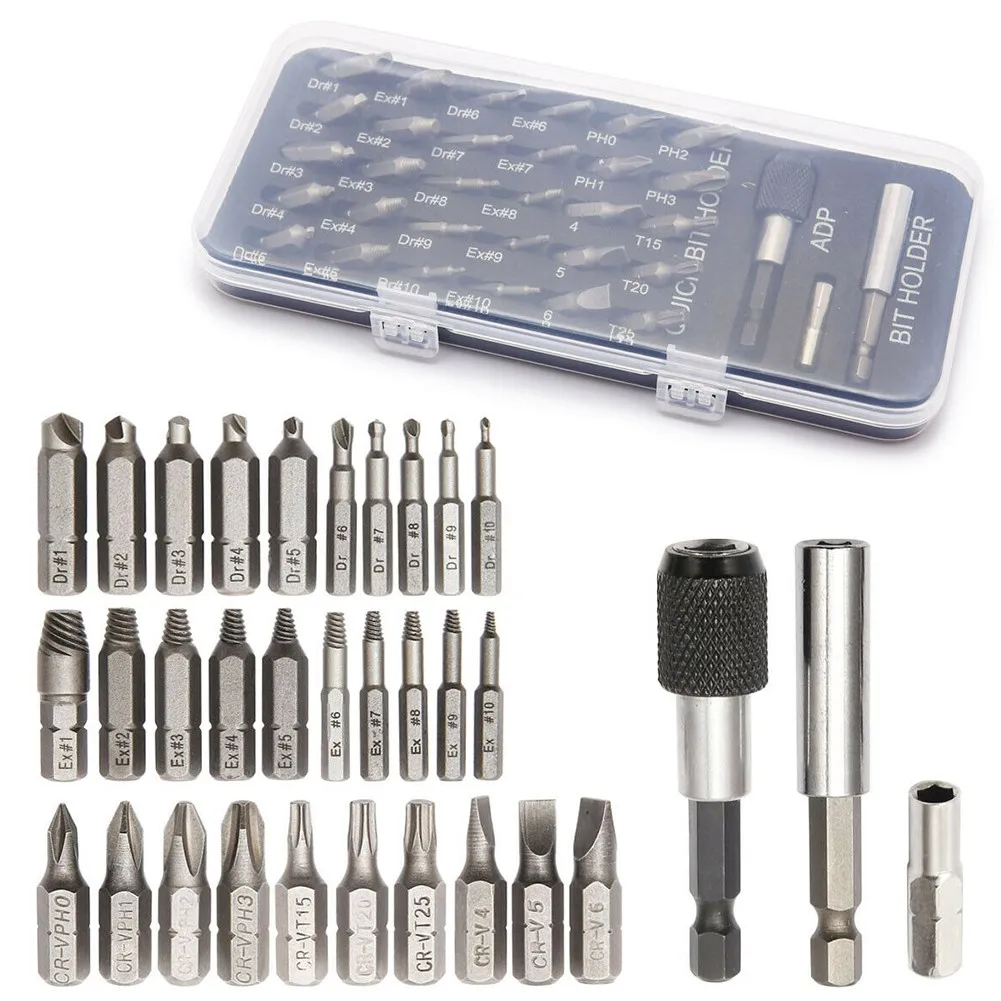 

33pcs Broken Wire Extractor Damaged Screw Extractor With Screwdriver Bits For Broken Bolt Remover Kits Power Tool Drill Kit