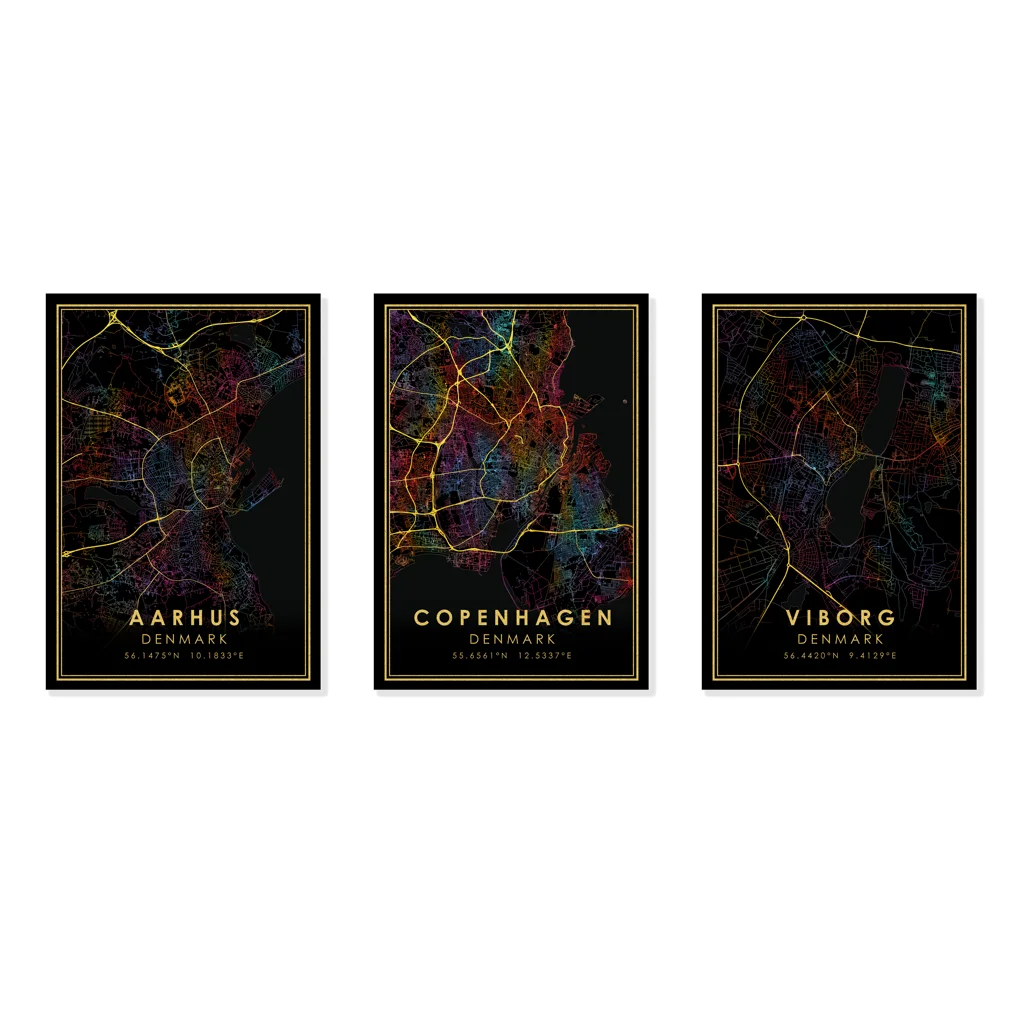 Виборг Копенгаген Орхус золотые дороги Радужная Карта города печать Дания