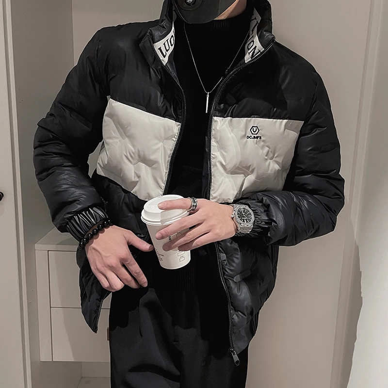 2022 Winter Contrast Stitching Puffer Parkas Men Thicken Warm Stand Collar Jacket Korean Hiphop Overcoat Streetwear Men Clothing