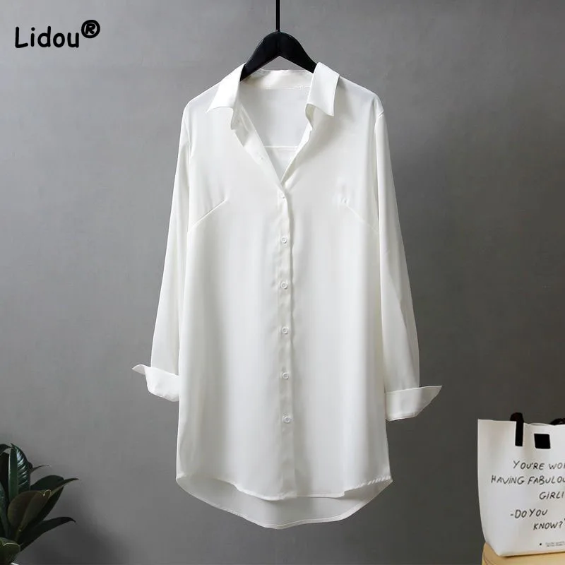 

Simplicity Fashion Solid Color Single-breasted Midi Shirt Spring Autumn Polo-Neck Casual Long Sleeve Blouse Women's Clothing