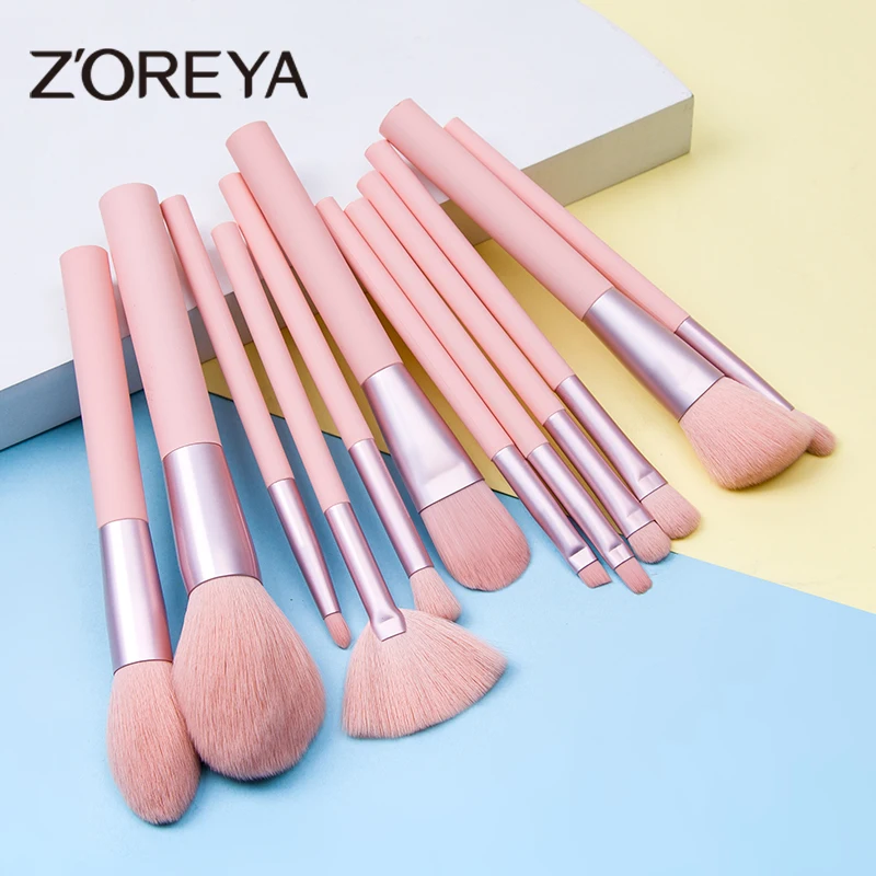 

ZOREYA 12pcs Pink Makeup Brushes Set Quality Powder Foundation Blush Eyeshadow Make Up Brush Set Natural Hair brochas maquillaje