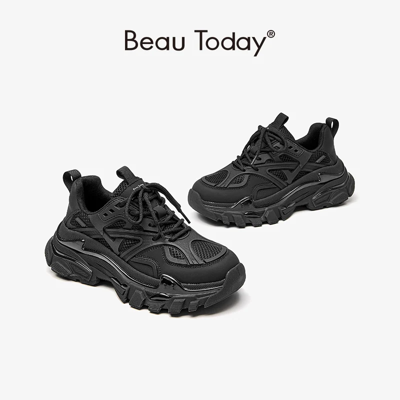 

BeauToday Chunky Sneakers Women Synthetic Leather Mesh Patchwork Round Toe Lace-Up Thick Sole Ladies Shoes Handmade 29448
