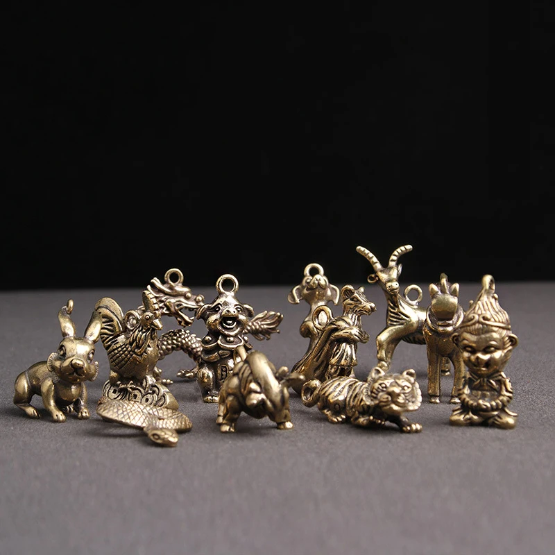 

Brass Animal Statue Keychain Manual Chinese Zodiac Metal Key Ring Financial progress Luck Creative Pendant Rat Ox Tiger Rabbit