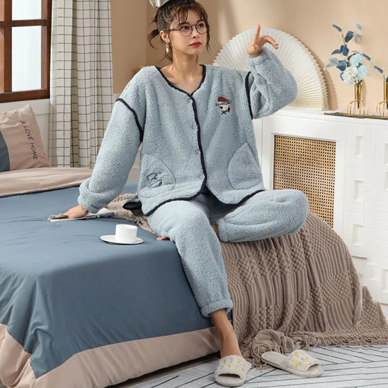 Новинка Женская пижама с мультяшным рисунком утепленный теплый домашний костюм