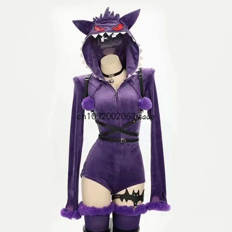 Фото Костюм для косплея Gengar из аниме, фиолетовый плюшевый комбинезон, униформа дьяволицы, женский сексуальный боди с капюшоном, одежда для Хэллоуина и карнавала №3