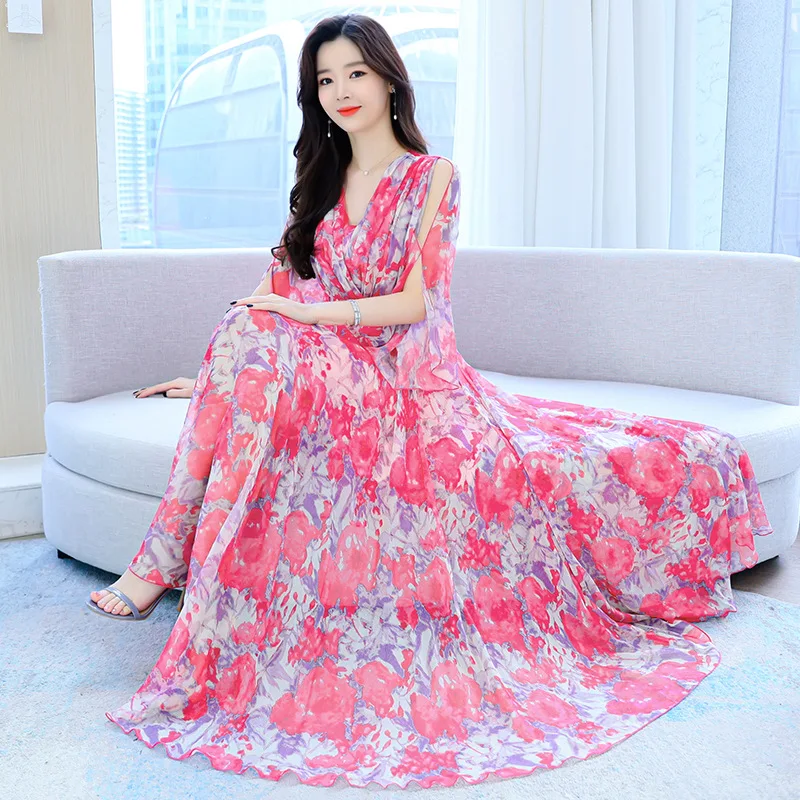 

Женское шифоновое платье-макси с цветочным принтом до щиколотки, лето 2023