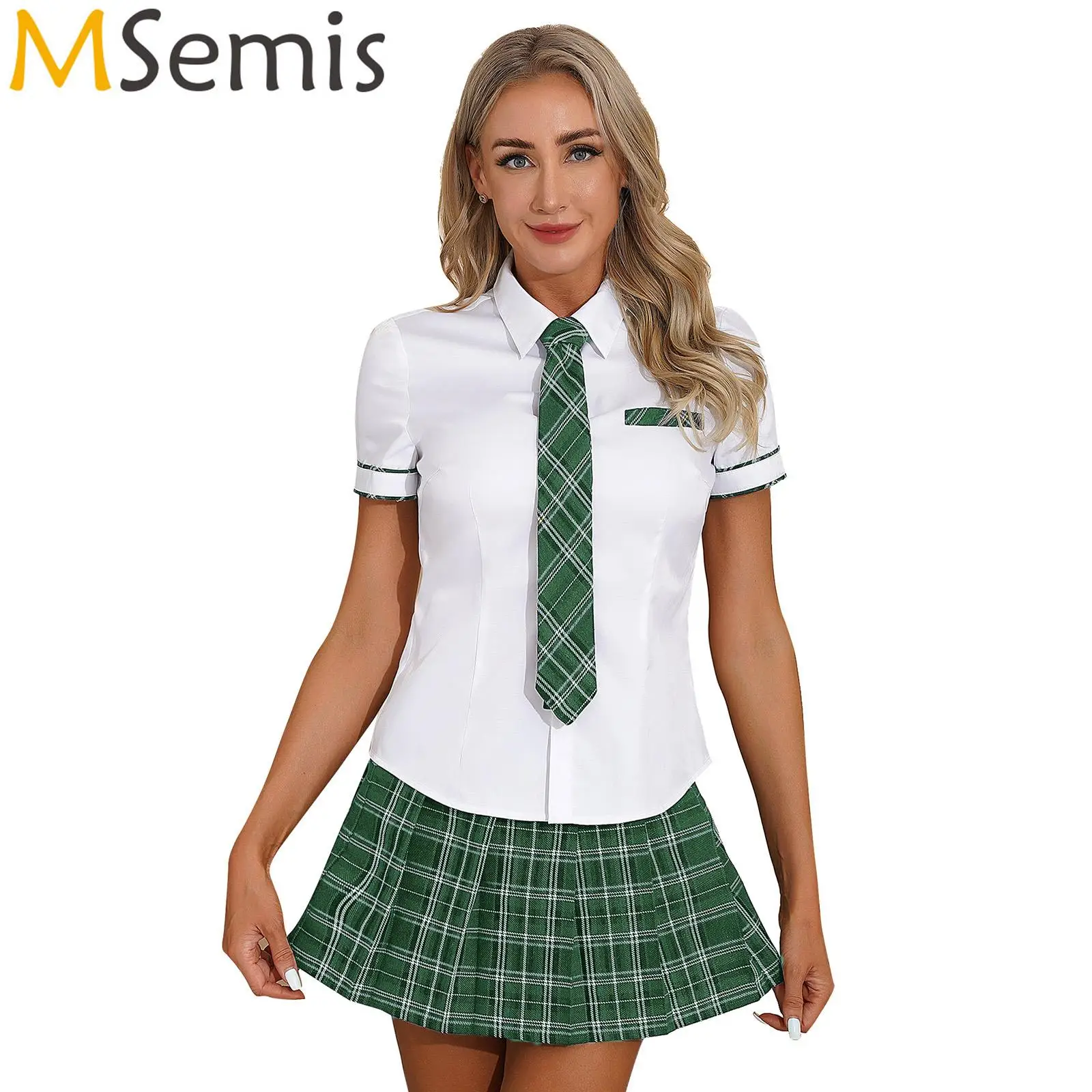 

Womens Japanese School Girls Sexy Halloween Cosplay Costume Student JK Uniform Short Sleeve Shirt with Plaid Skirt and Tie Set