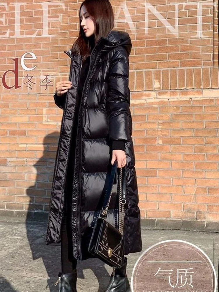 Black Glossy Parka Coat Women's 2022 Fashion Thicken Winter Hooded Loose Long Jacket Female Windproof Rainproof Warm Outwear
