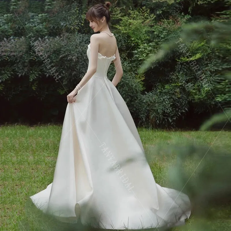 Простое атласное свадебное платье без бретелек рукавов для женщин элегантное
