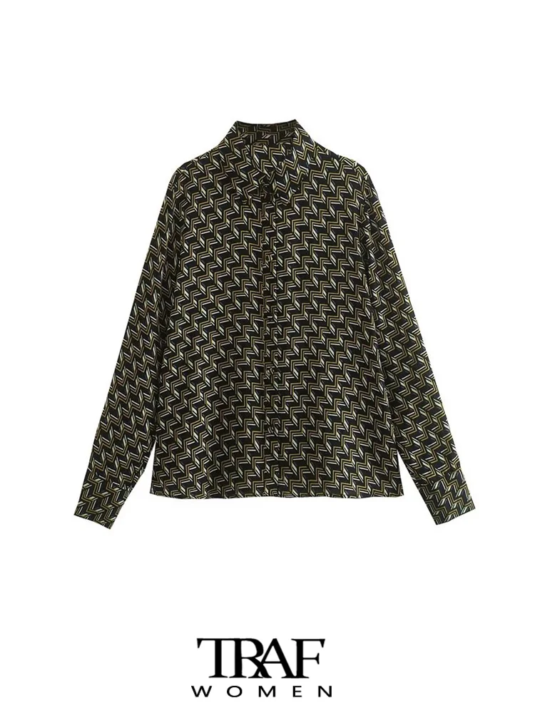 

Блузка женская с геометрическим принтом, длинным рукавом и пуговицами спереди